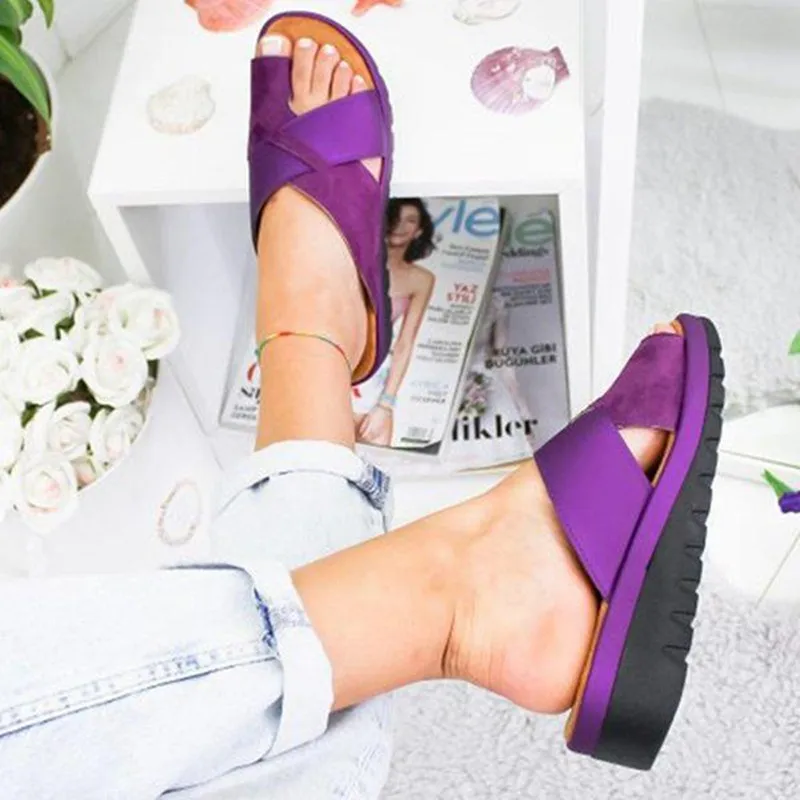 Женские Вьетнамки; сандалии на плоской подошве; шлепанцы; повседневная Летняя обувь; пляжные сандалии на толстой подошве; большие размеры 34-43 - Цвет: Purple