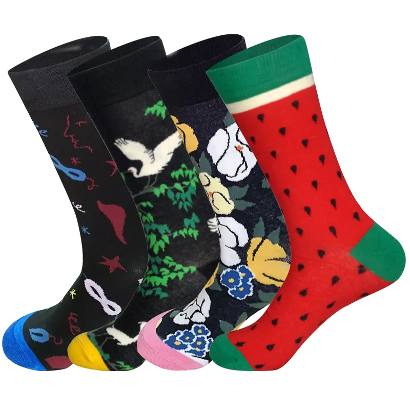Внизу, 4 пар/лот, мужские забавные носки с круглым вырезом, 24 выбор, художественный стиль, уличная мода, хип-хоп дизайн, счастливые носки
