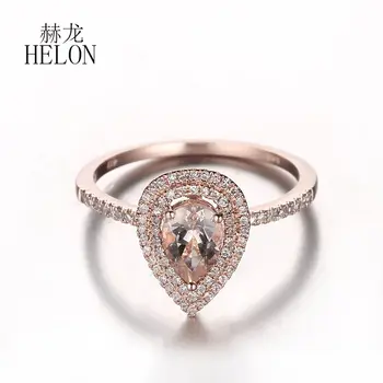

HELON Worth It!10K Rose Gold Pear 0.52 ct Morganite Pave Natural Diamonds Engagement Wedding Ring For Women's Jewelry Fine Ring