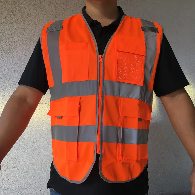 High visibility warning waistcoat fluorescent workwear reflective safety vest with zipper pocket Motorcycle jacket