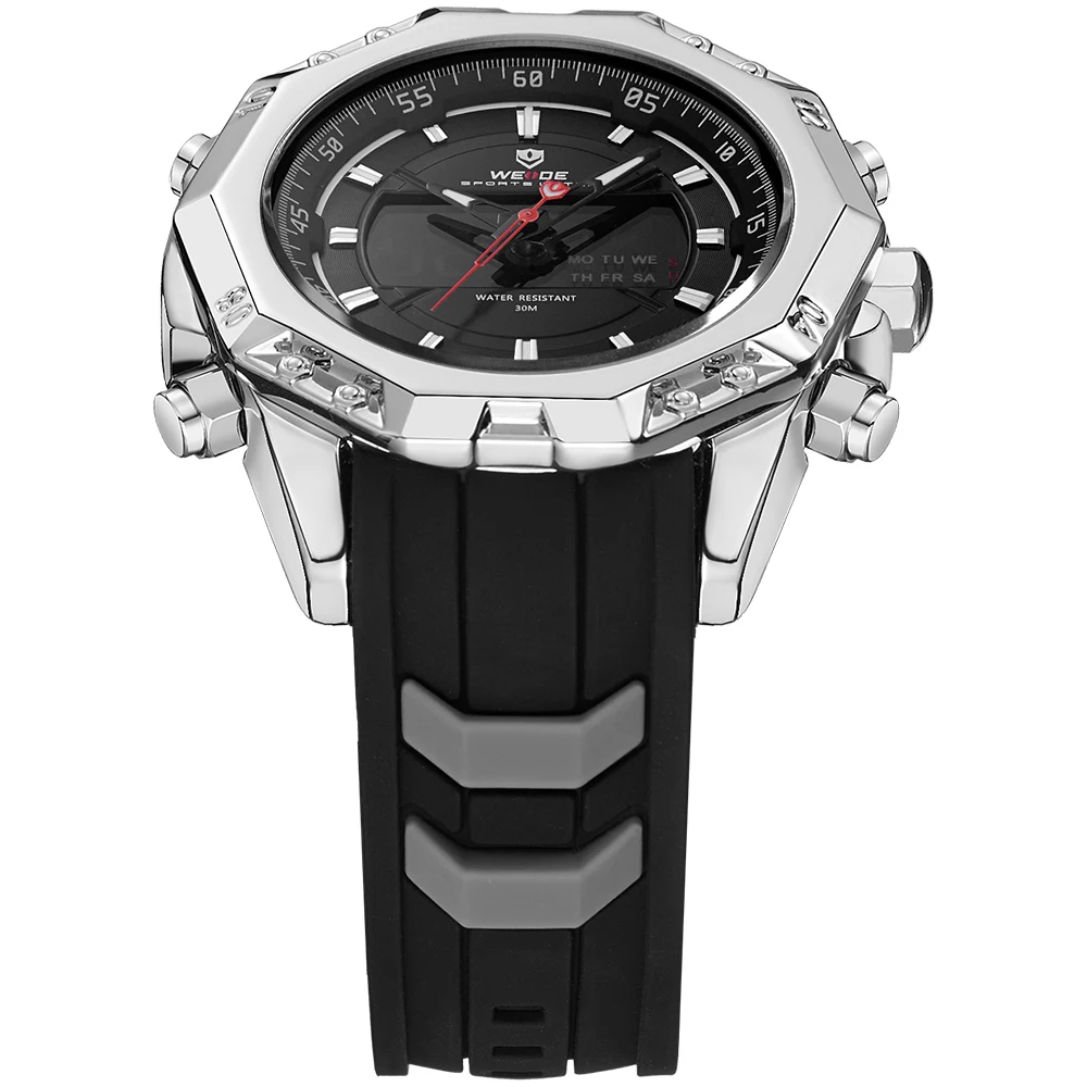 

WEIDE Mens Sport Analog Quartz Movement Digital Display Day Back Light Alarm Black Rubber Band Water Resistant Date Wristwatches