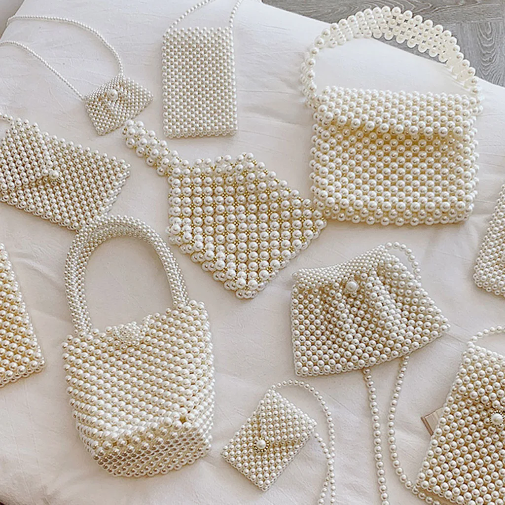 

Brand Hand-woven Pearl Bags Lady Beaded Shoulder Bag Women Party Vintage Handbag Ins Small Flap Bag Mini Cross body Bag 2019