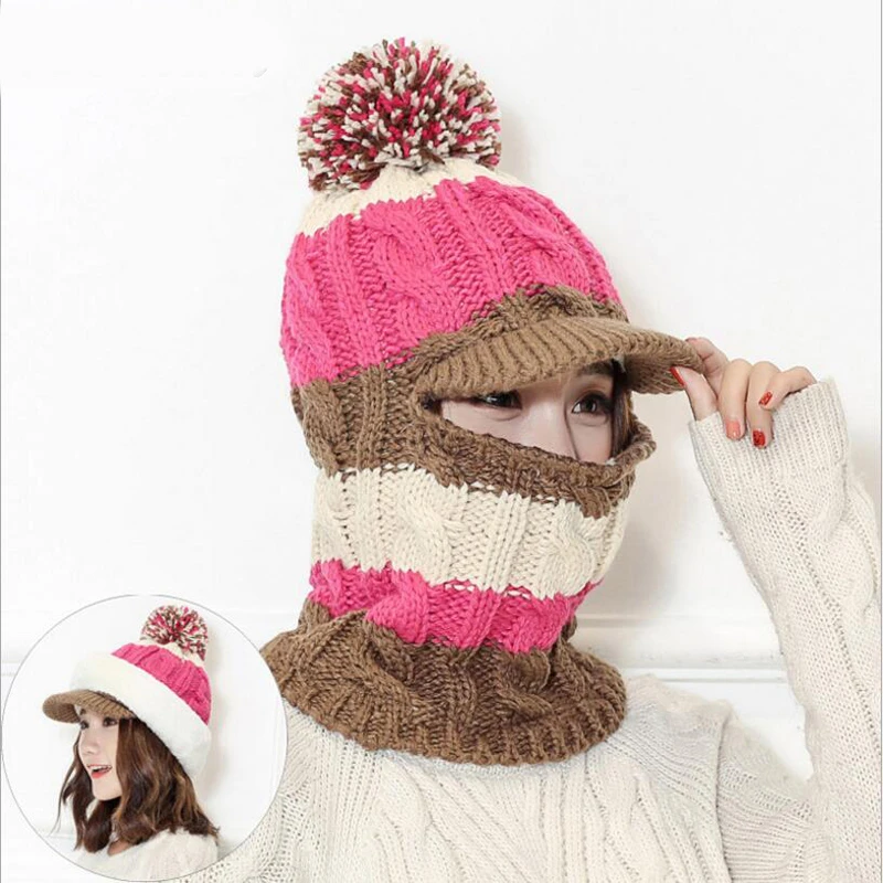 Pasamontañas de lana tejido para mujer, gorro térmico de felpa con bolsillo, gorro nieve cálido para niña, 2021|warm warm hatknit - AliExpress