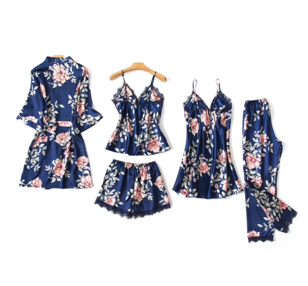 5 PCS Women Pajamas Sets with Pants Sexy Satin Flower Print Silk