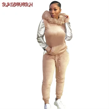 

RAISEVERN Winter Warm 2 Piece Sets Wool Pathwork Jacket Suits Women Hooded Coat And Long Pants New Outerwear With Pocket 2019