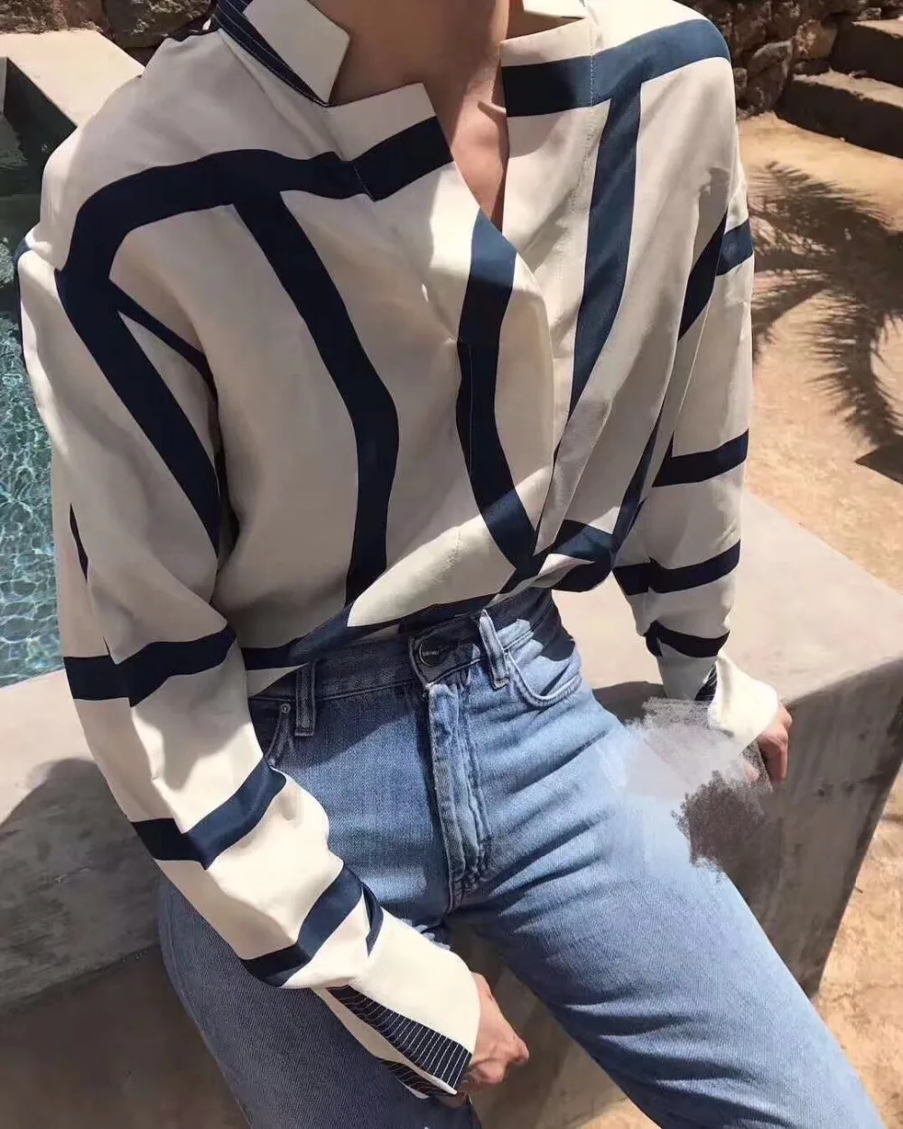 

WISHBOP Cream Navy Monogram PRINT SILK SHIRT Stand Collar Oversized Blouse TOP BUTTON UP LONG SLEEVED TOP WOMAN 2019