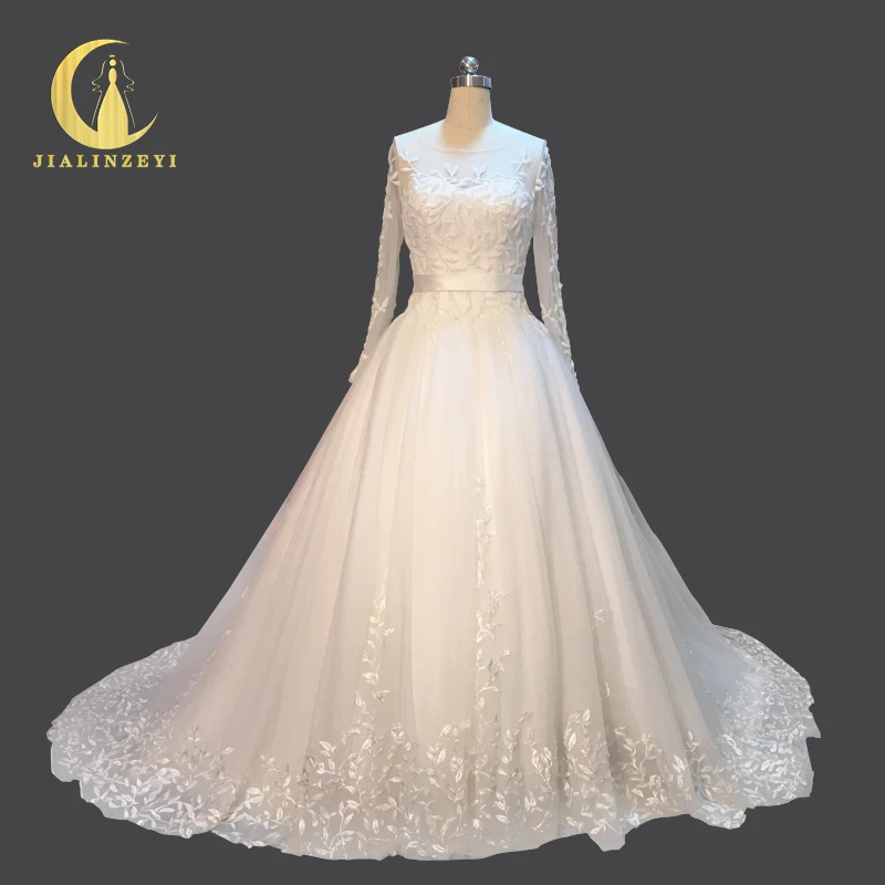 Rhine Real Picture High Quality Long Sleeves Leaf Lace Beads Chapel font b Bridal b font