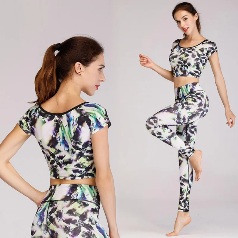 

Women Yoga Set Printed Leopard Gym Fitness Tracksuit Clothes Shirt+Pants Running Tight Jogging Workout Yoga Leggings Sport Suit