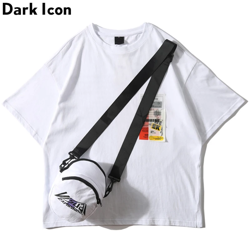 Tanie Ciemna ikona boczne rozcięcie fluorescencyjny zielony T shirt z torbą Hiphop Tshirt mężczyźni bawełniane koszulki Streetwear odzież