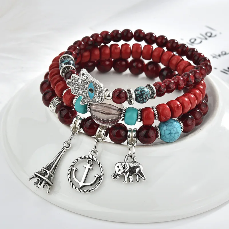 

Bohemia 3pcs Bracelet Set Men Women Vintage Ethnic Evil Eye Braslet Fatima Hand Hamsa Braclet Natural Stone Braslet With Pendant