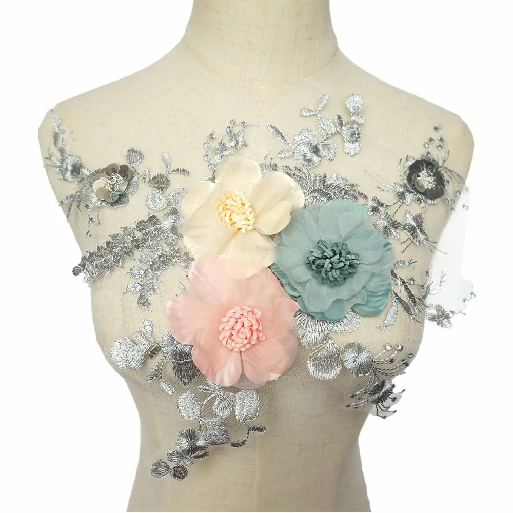 32 см Ткань 3D Цветы Аппликации блестки кружева планки вышивка сетки вышивать на пачках для свадебного украшения платье DIY