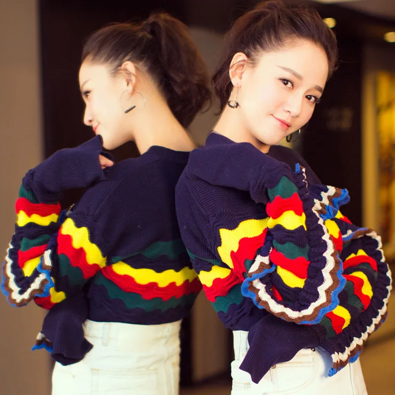 Fashion Hit Color Sweater Women Patchwork Ruffles Edge Round Neck Knitting Jumper Female Casual Loose Red Blue Pullover | Женская одежда