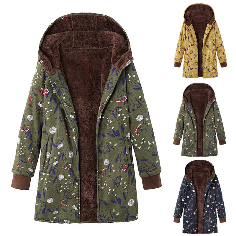 floral print hooded long sleeve pockets vintage coat