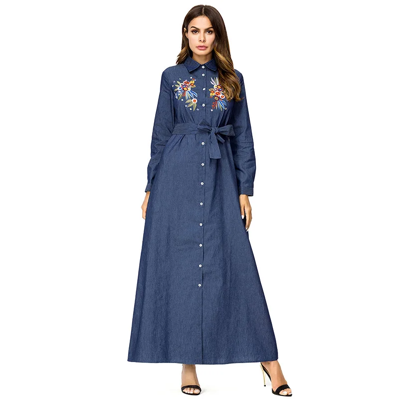 ShejoinSheenjoy Embroidery Denim Women Long Dress Turn-down Collar Long Sleeve Autumn Winter Dress Party Casual Ladies Dresses (6)