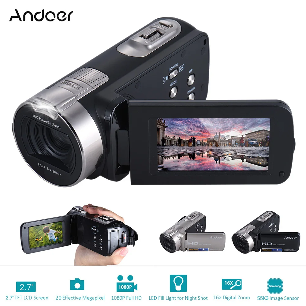

Andoer HDV-312P Digital Video Camera 1080P Full HD Portable Home-use DV w/ 2.7 Inch Rotating LCD Screen Max. 20 Mega Pixels