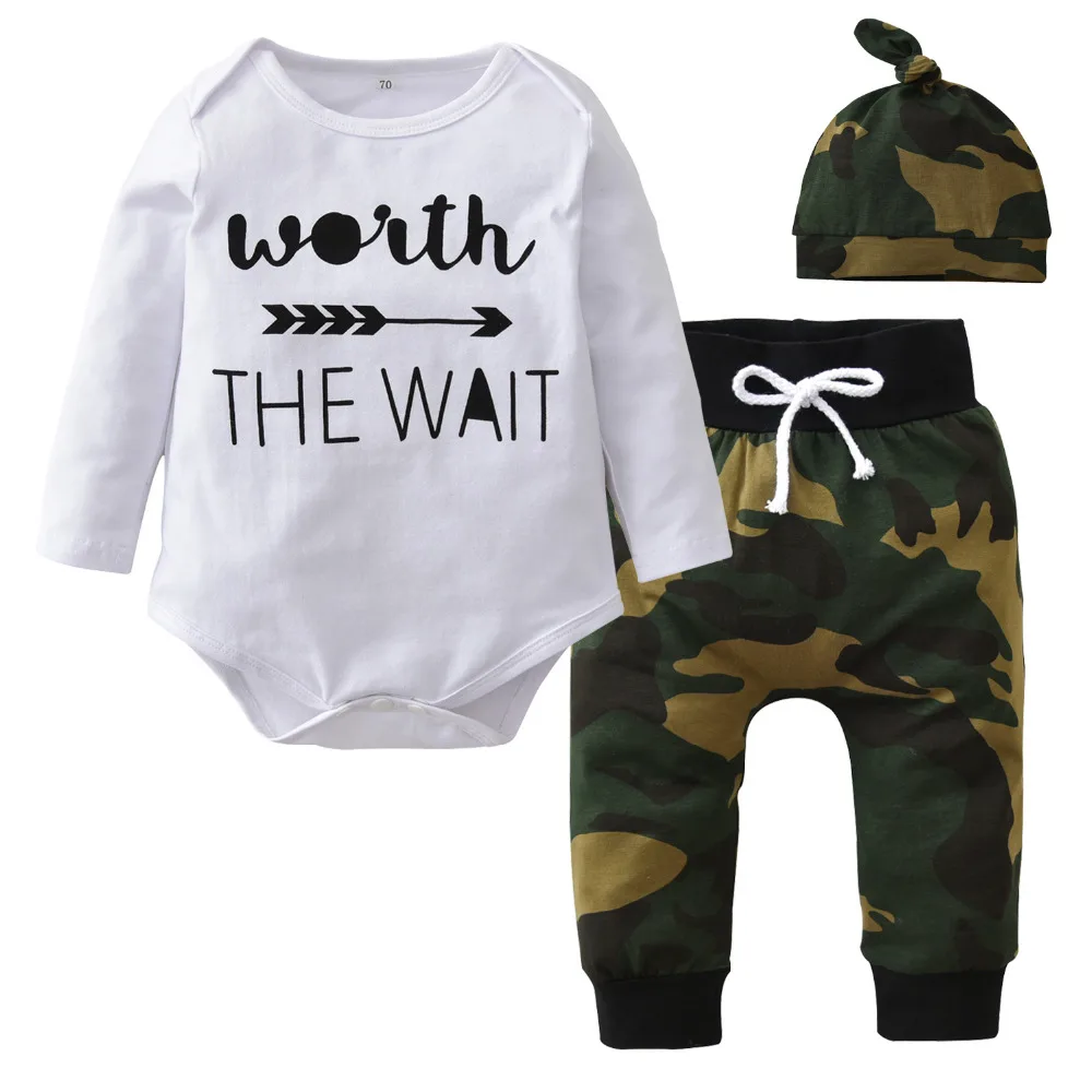 

3PCS Baby Boy Clothing Set Newborn Baby Boys Letter Bodysuit+Camouflage Pants+Hat Outfits Clothes