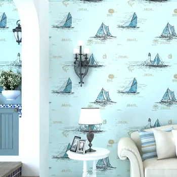 

Mediterranean Style Blue Children Room Wallpaper Boy Girl Cartoon Bedroom Non-woven Sailing Sea Wall Paper