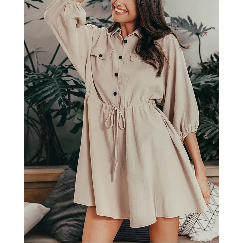 

Women Cropped Sleeves Cotton Linen Dress Lapel Waist Wrapped Autumn Dress GDD99