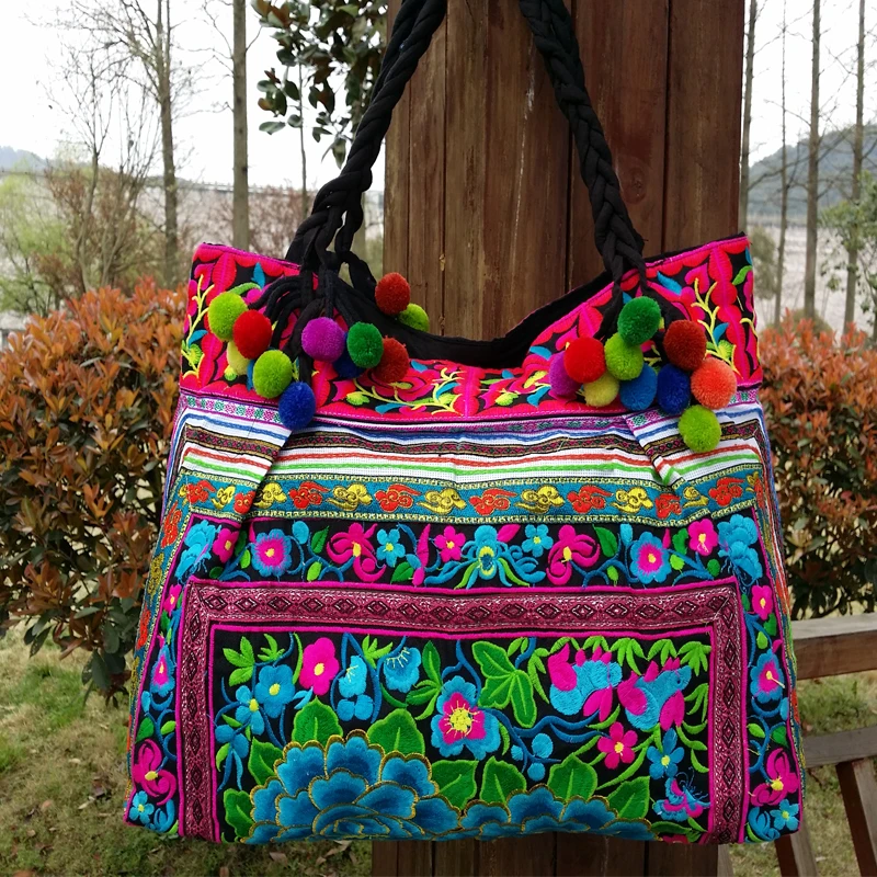 Bolsa de Ombro Boêmio Bordado Bolsas Femininas Lona Casual Marca Vintage Grande Padrão