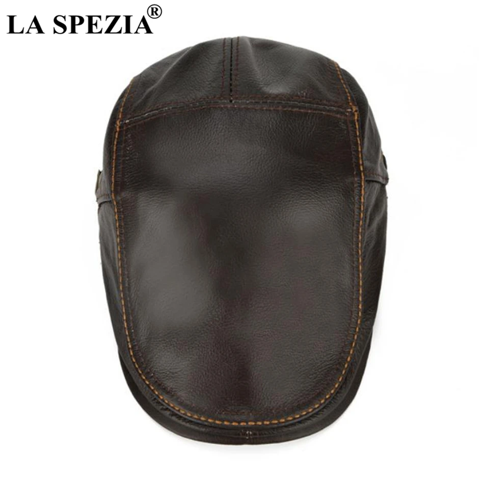 LA SPEZIA Autumn Winter Flat Caps For Men Brown Adjustable Duckbill Hats Male Real Cowhide Leather Classic High-End Driving Caps mens leather beret