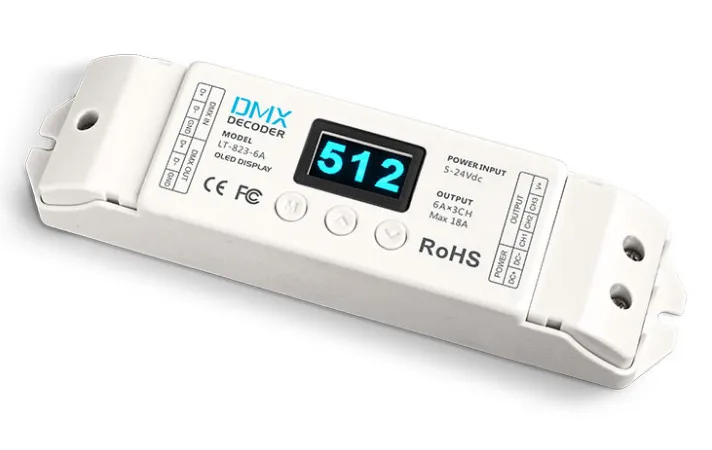 

2019 LTECH LT-823-6A 16bit CV DMX Decoder DC5-24V input 6A*3CH output DMX CV decoder OLED Screen 850 FPS Frame Rate