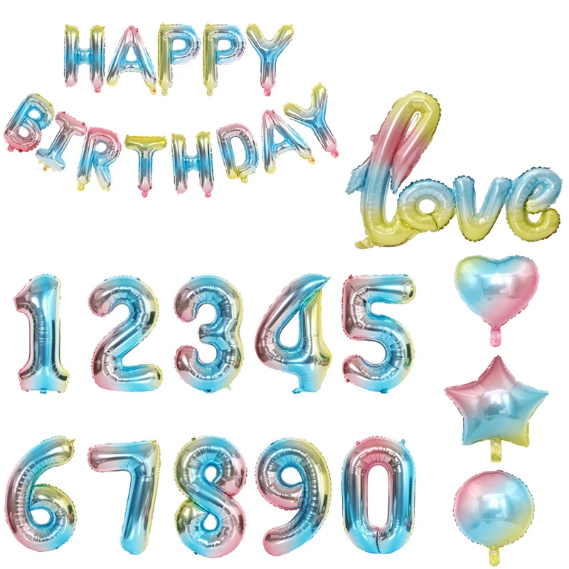 

1pcs Gradient Color Rainbow foil balloons Love Number star heart round Letter ballons Happy Birthday party Wedding Decorations