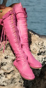 

2018 Purple/Red/Borwn/Pink/Orange Women Boots Knee-high Lace-up Fashion Cheap Price Hot Sale Round Toe Flat Boots C