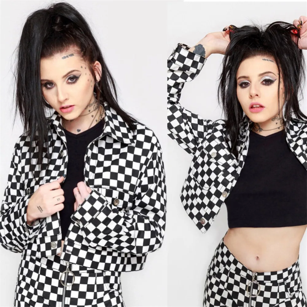 

Checkerboard Jacket Women 2018 Casual Streetwear Short Coats Tumblr Girl Crop Top Harajuku Plaid Checkered Cropped Jackets