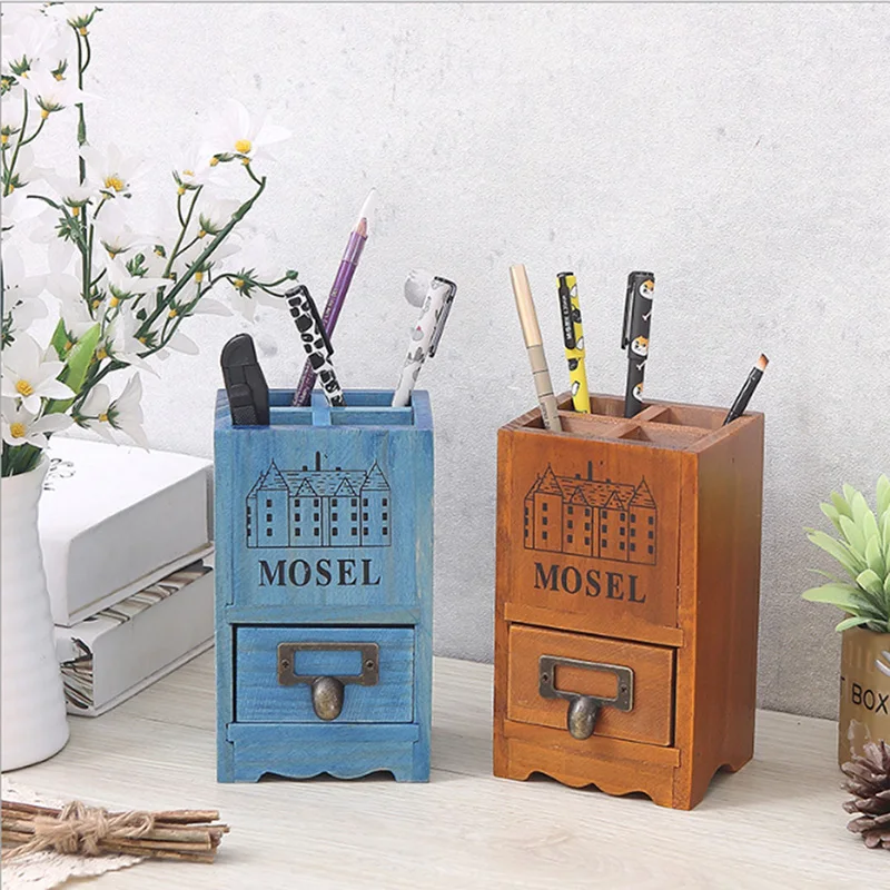 

Wooden Retro Multi-function Makeup Brush Pen Holder With Drawer Solid Wood Creative Fashion Desktop Ornaments Storage Box