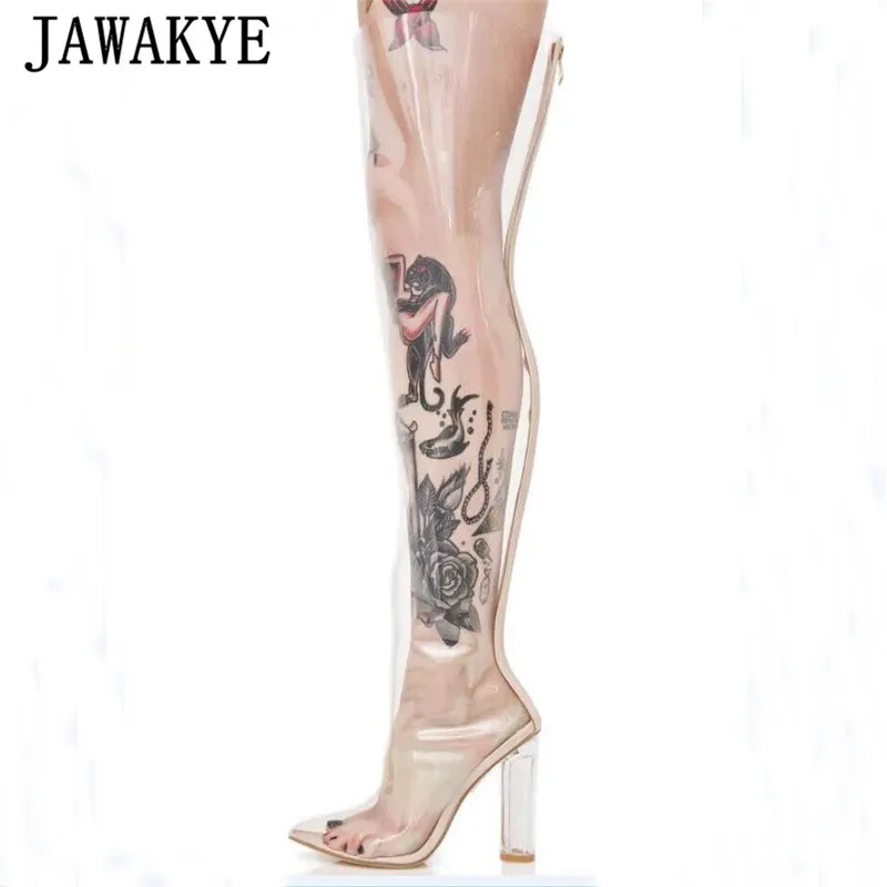 

Clear PVC Over Knee Boots Women Sexy Pointed Toe Crystal Chunky Heels Back Zip Autumn Long Boots Cut Out Mesh T Show Shoes Woman