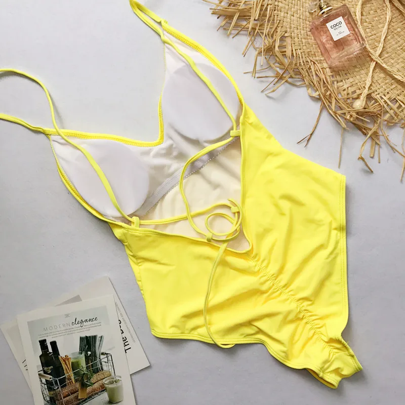 Women's Sexy Solid Bandage Swimsuit Yellow Display Back
