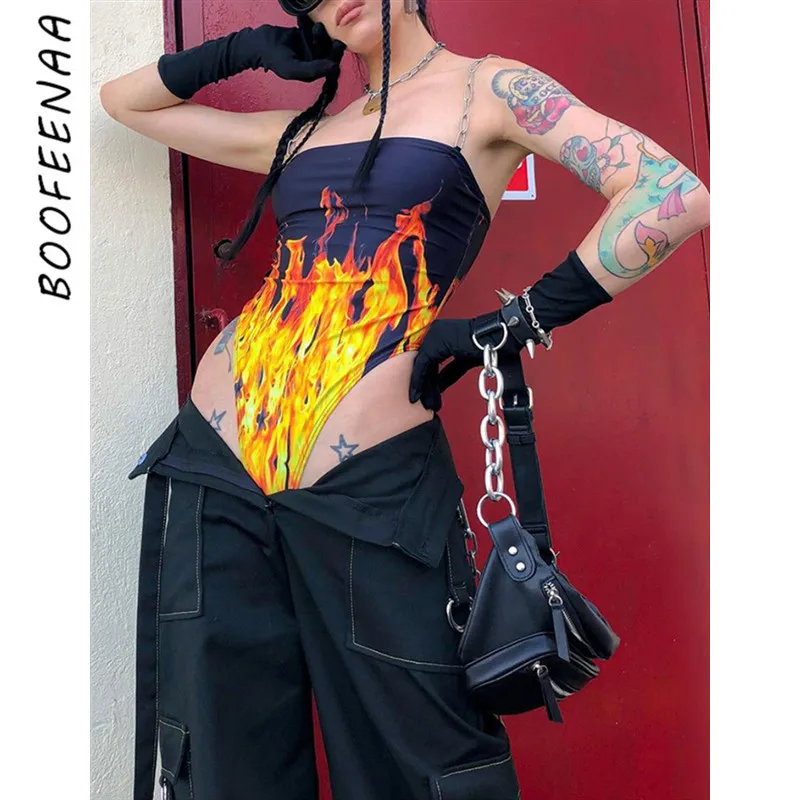 

BOOFEENAA Metal Chain Strap Flame Print Bodysuit Streetwear T Shirt Body Suits for Women Sexy Clubwear One Piece Outfits C71-H90