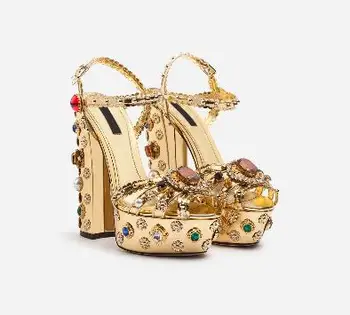 

Moraima snc Hot Selling Super High Back Strap Sandals Square Heel Crystal Sandals