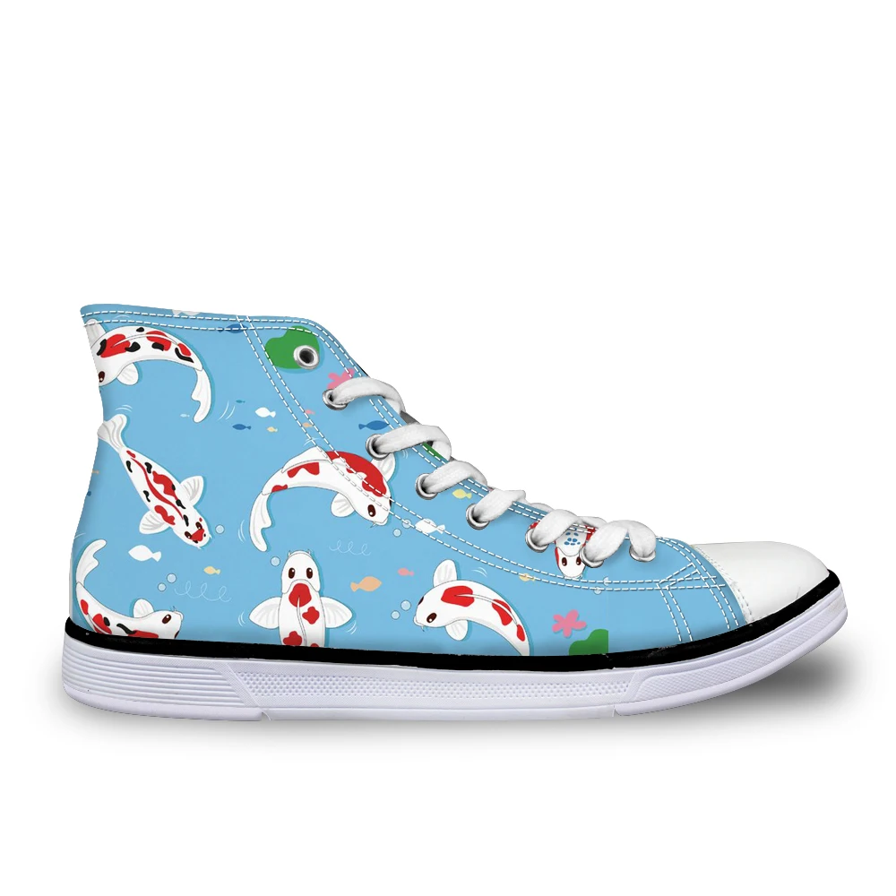 

Customized Blue Sea Animal Koi Fish Print Women Vulcanize Shoes Vintage High Top Lace-up Canvas Shoes for Ladies Casual Sneaker