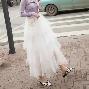 

skirt mid-long high-waist screen fluffy pleated fairy skirt A-shaped skirt irregular faldas women skirts faldas japanese