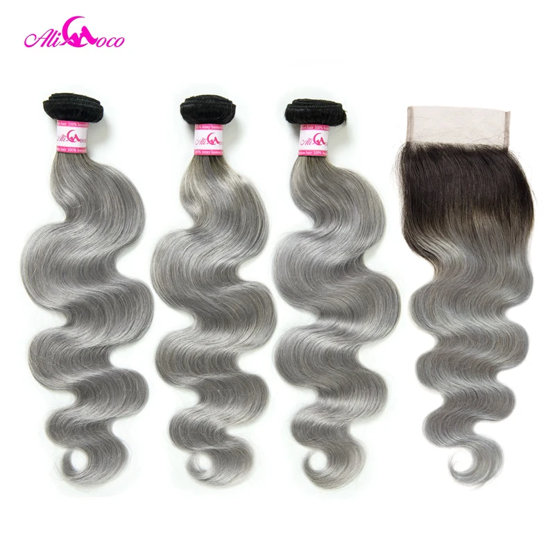 

Ali Coco Brazilian Body Wave Bundles With Closure 1B/Grey Remy Hair 3 Bundles with Closure Human Hair Weave Bundles