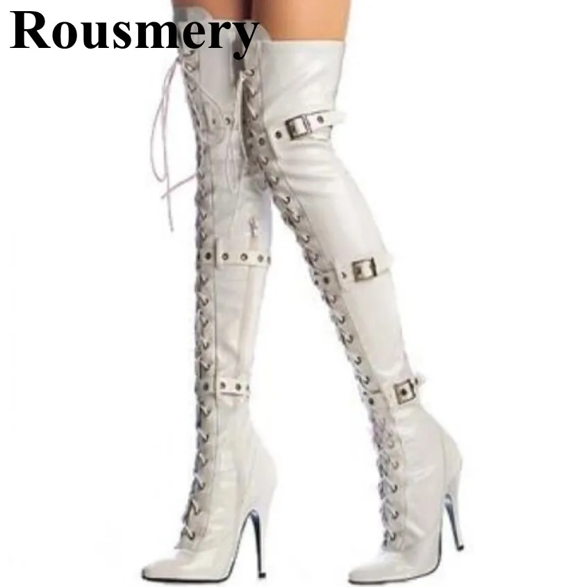 

2019 White Over-The-Knee Cross-tied Buckle Strap Sexy Pointed Toe And High Heel Boots Fashion Party Women Long Boots 10CM Heel