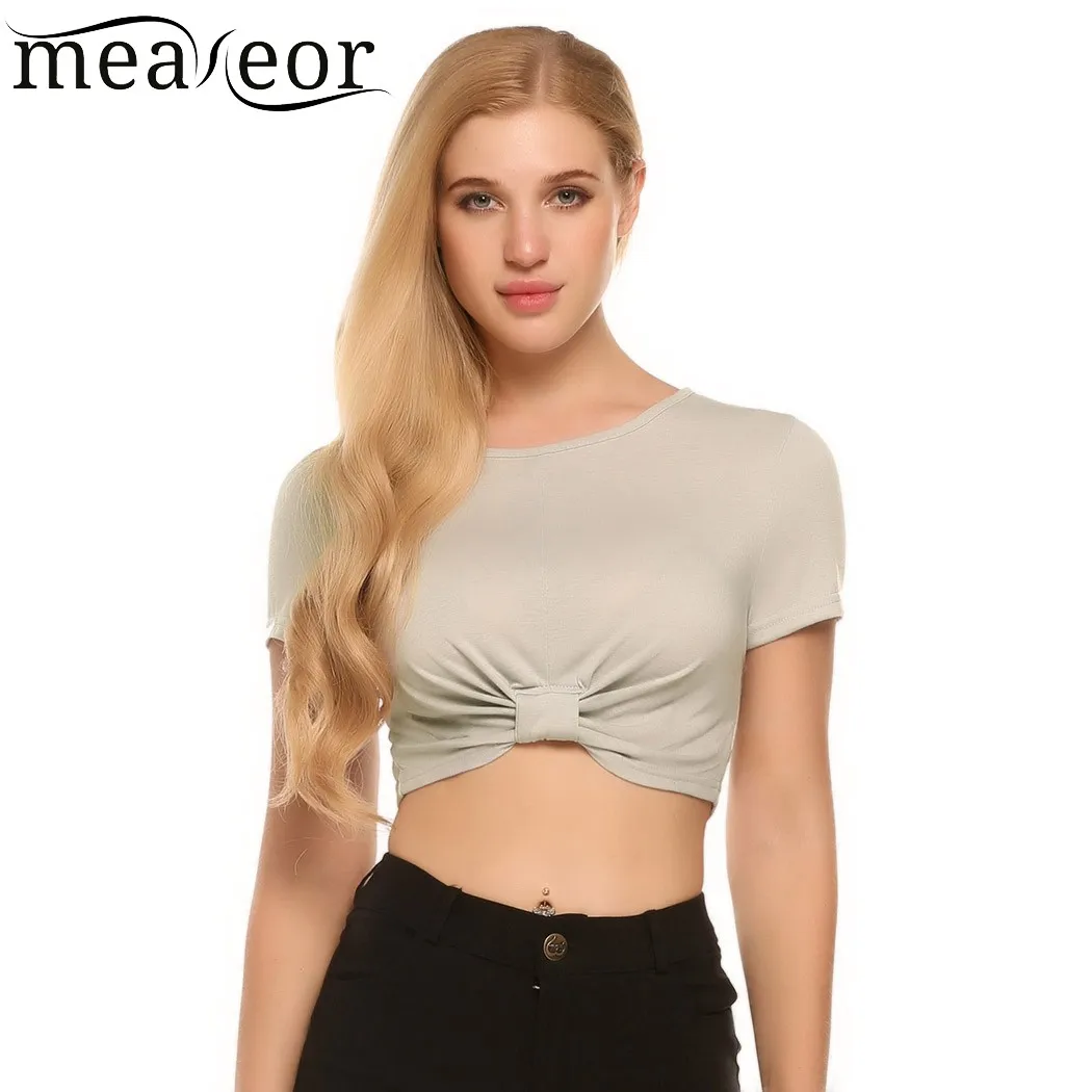 Meaneor Front Tie Short Pullover Sexy T-shirt Women's O-Neck Short Sleeve Solid T-shirts Tops Summer Casual T-shirt Clothing Meaneor Front Tie Short Pullover Sexy T-shirt Women's O-Neck Short Sleeve Solid T-shirts Tops Summer Casual T-shirt Clothing