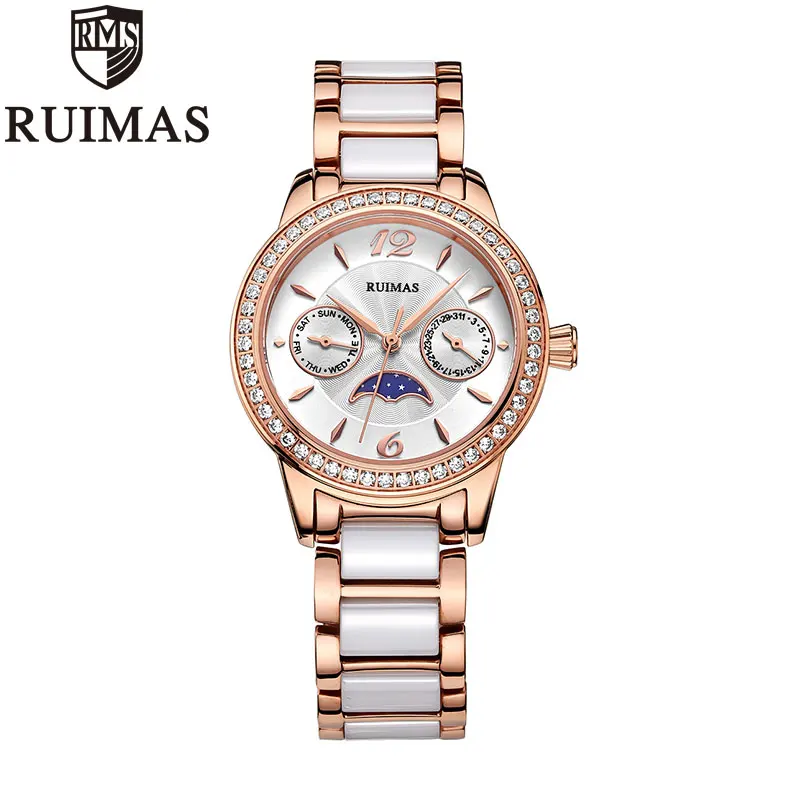 Ruimas, популярные женские часы, люксовый бренд, кварцевые часы для девушек, розовое золото, кристальная керамика, металлические часы для женщин