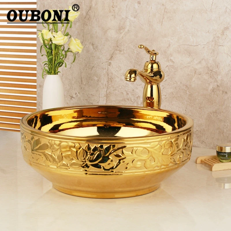 Ouboni-エンボス加工された金色のセラミックバスシンク,真ちゅう製の蛇口を組み合わせた洗面器,ミキサータップを組み合わせた頑丈なシンク  AliExpress