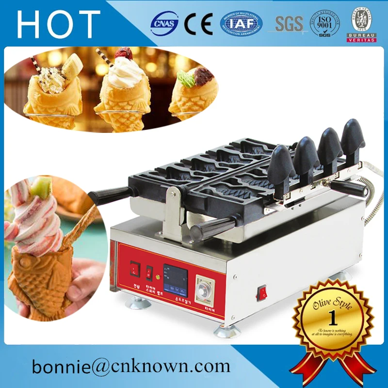 

Stainless steel Big open mouth taiyaki maker 4 moulds open-mounth fish waffle maker street snack machine
