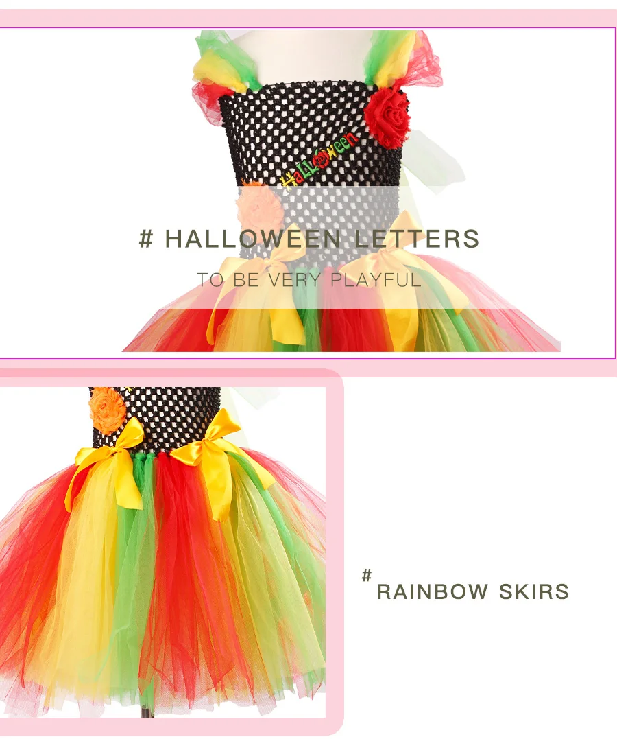 Rainbow Style Girls Halloween Tutu Dress with Pumpkin Mask Handmade Kids Birthday Dress Baby Girl Cosplay Costume Vestidos (4)