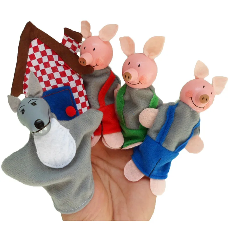 

4Pcs/lot Soft Plush Three Little Pigs Fairy Tale Finger Puppet Set Animal Children Puppets Story Telling Helper Dolls
