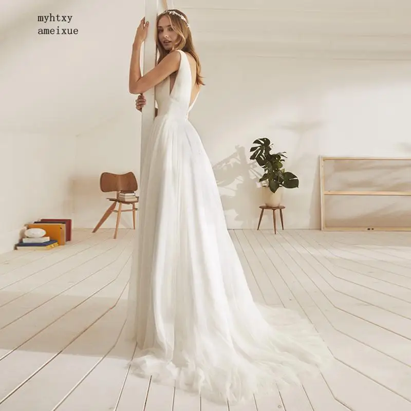 US $59.00 Cheap Sexy Beach Wedding Dress 2020 Appliques Tulle Princess Boho Wedding Gowns Pleats Open Back Bridal Dress Vestido De Noiva