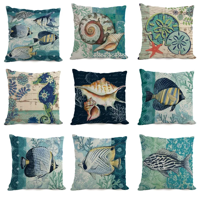 Pillow case fish Sea Marine Blue Printed pillows Cojines 18x18 Inches