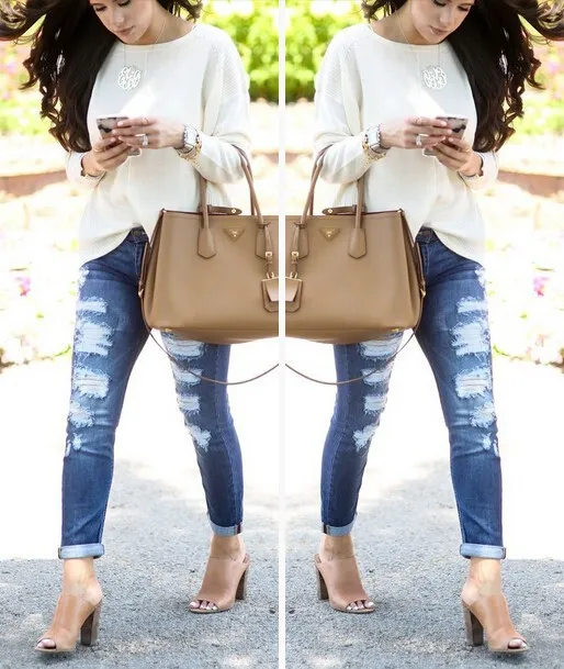

2016 New Arrival Jeans Women Knee Skinny Pencil Pants Slim Denim Ripped Boyfriend Ripped Jeans de-stress in me out denim jeans