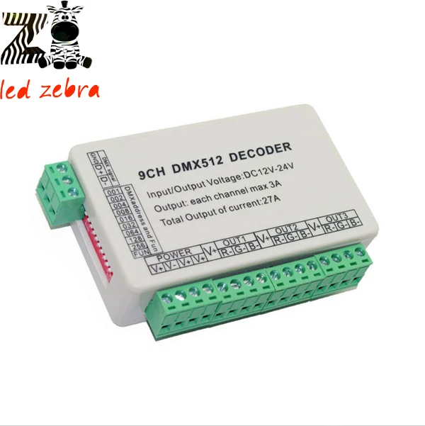 

9CH DMX512 decoder led controller,DMX512 led dimmer 3 group rgb output each channel max 3A for rgb led strip dc12-24v