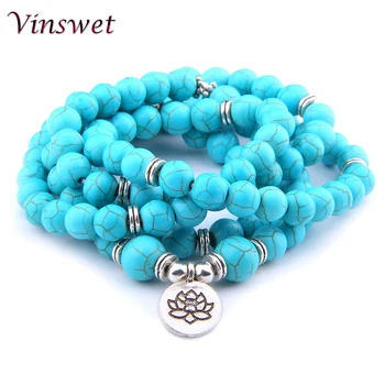 

Vinswet 108 Beads Mala Bracelets Green Turquoises Bracelet Women Men Natural Stone Bead Lotus Charm Yoga Bangles Jewelry Gifts