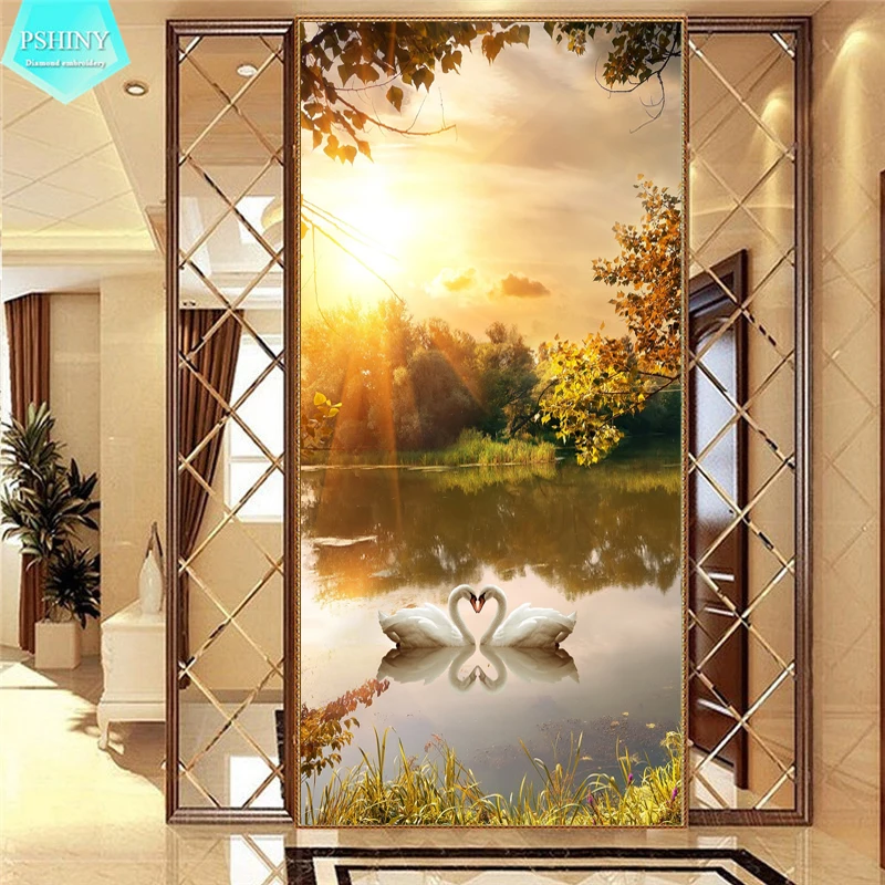 

PSHINY 5D DIY Diamond embroidery sunset two swan landscape Picture full Mosaic kit Round rhinestone Diamond painting cross stich