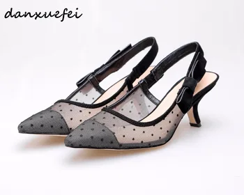 

Women's mesh polka dot slingback slip-on pumps brand designer breathable comfortable summer ladies high heeled evening shoes hot